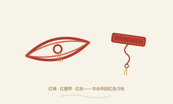 本命年红色习俗插画：红绳、红腰带与红袜
