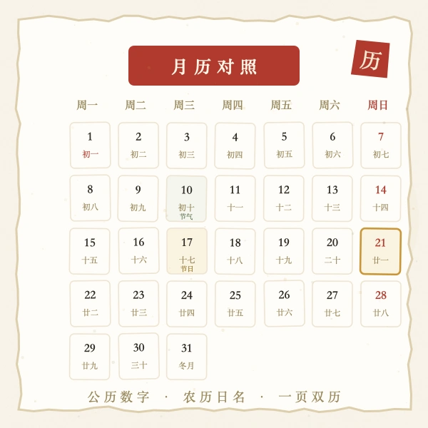 2026年1月农历阳历对照月历